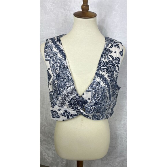 C&C California Twist Front Crop Top 100% Linen Blue Ivory Size XL NEW - Picture 1 of 8